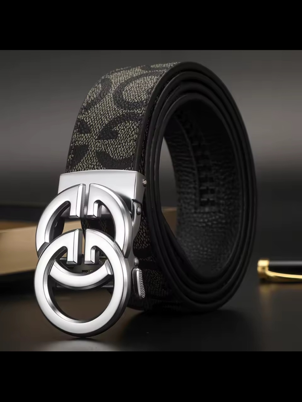 Designer-Inspired Men's Black Patterned Leather Belt with Silver Buckle